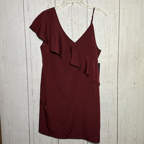 Lulu’s Time Of Your Life Asymmetrical Mini Burgundy One Shoulder Dress - Picture 1 of 5